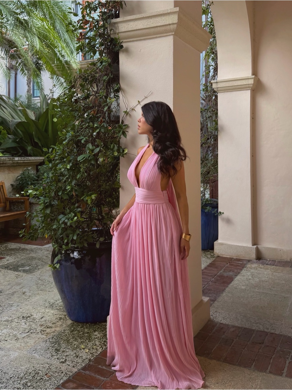 Plisse Halter Neck Dress In Pink